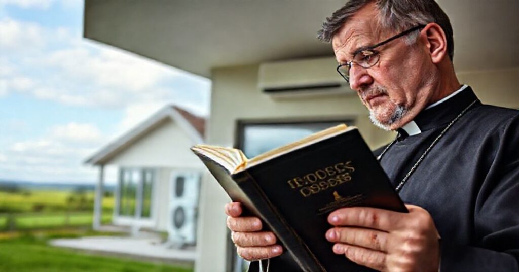 Ksiądz katolicki patrzy z troską na nowoczesny dom z pompą ciepła, trzymając Katechizm. Tło to spokojna wieś symbolizująca zakłócony porządek naturalny.