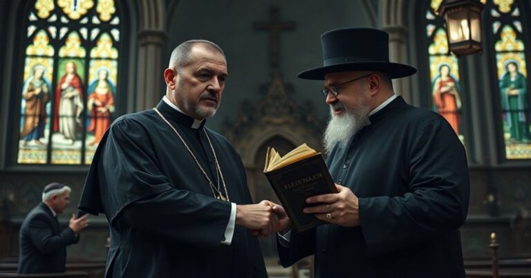 Tradycyjny katolicki ksiądz wyrazistego wyglądu stoi przed katedrą w Krakowie, wyrażając rozczarowanie podczas gdy modernistyczny 'kardynał' Grzegorz Ryś uściskuje dłoń rabina Abrahama Skórki. Scena ujęta w ciemnym świetle katedry z witrażami w tle.