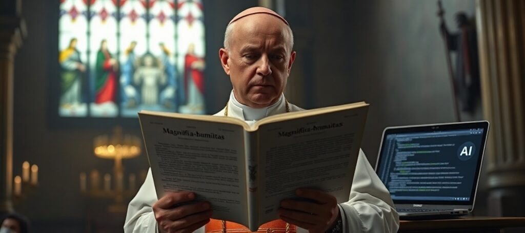 Tradycyjny katolicki ksiądz trzymający encyklikę o sztucznej inteligencji w kościele z widokiem Doliny Krzemowej w tle