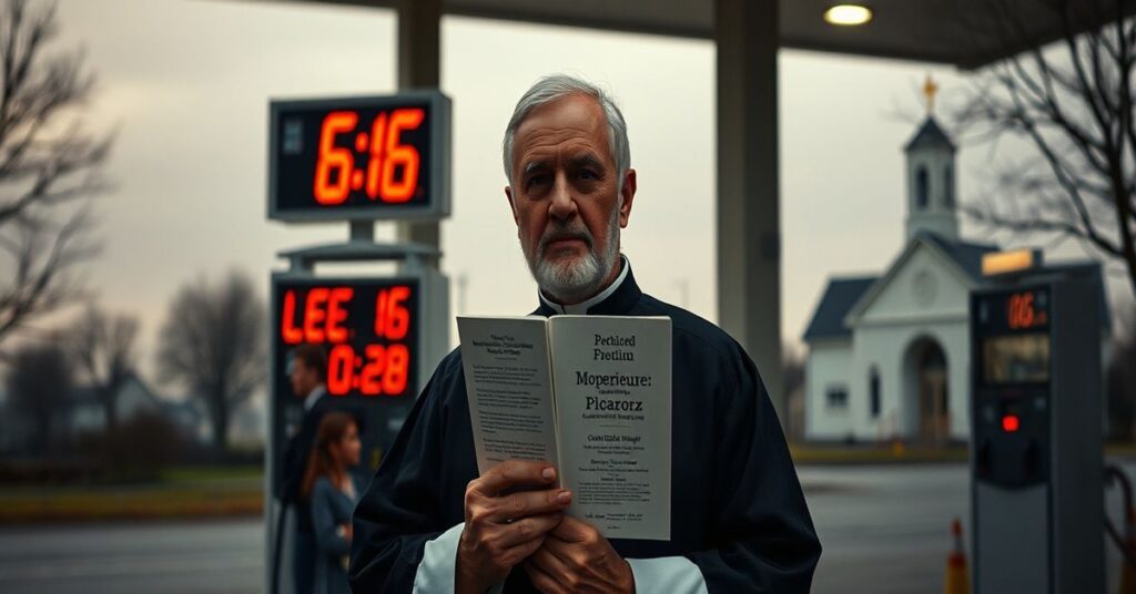 Ksiądz trzymający encyklikę Piusa IX przed stacją benzynową z cenami paliw w tle - przestrogę przed redukcją wiary do polityki ekonomicznej.