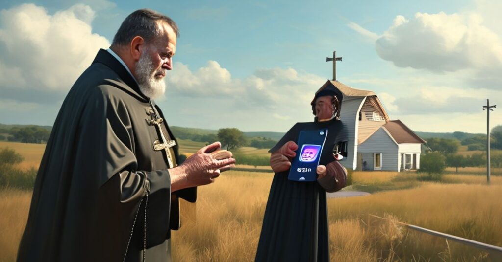 Ksiądz w tradycyjnych szatach kościelnych patrzy ze zniechęceniem na telefon pokazujący logo OnlyFans na tle cichego krajobrazu Florydy