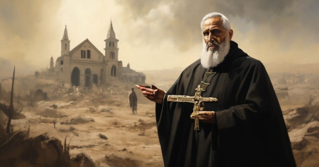 Ksiądz w sutannie stojący na tle zniszczonego kościoła w Strefie Gazy, trzymający krzyż z wyraźną troską na twarzy.