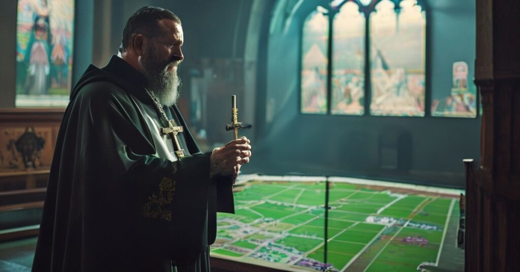 Ksiądz katolicki trzyma krzyż w kościele przed mapą Grenlandii, symbolizując sprzeciw wobec imperialnych roszczeń USA