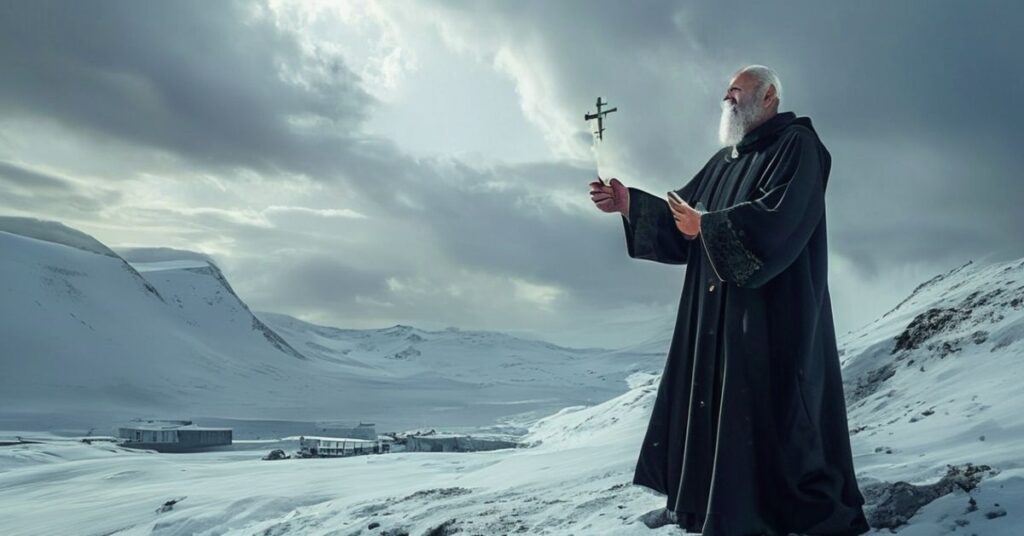 Ksiądz w tradycyjnych szatach kościelnych stoi na śnieżnej tundrze z krucyfiksem w dłoni, patrząc w kierunku Grenlandii. Scena symbolizuje katolicką perspektywę na władzę Chrystusa nad ziemiami.