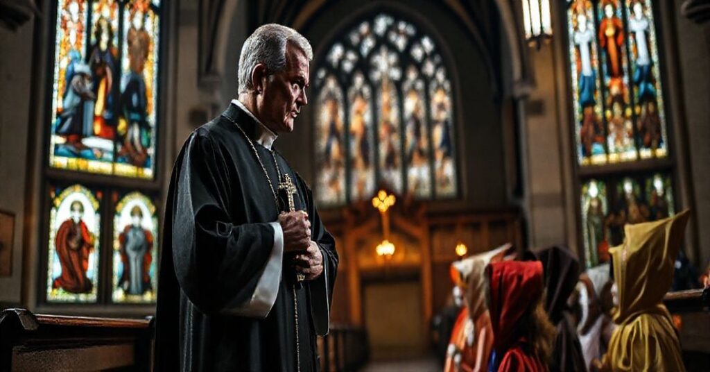 Ksiądz w tradycyjnym ornaty stoi w ciemnej kościele z krzyżem, goniąc dzieci w kostiumach Halloween, podkreślając duchowe zagrożenie świąt satanistycznych
