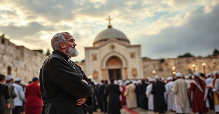 Zdjęcie przedstawia tradycyjnie ubranego księdza stojącego przed sanktuarium w Harissie, pod niepokojącym niebem Libanu, z tłem ekumenicznej modlitwy chrześcijan i muzułmanów.