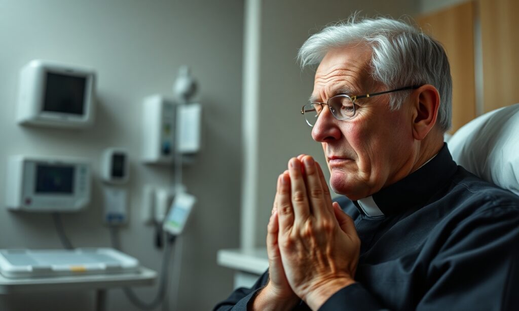 Portret staruszka księdza w szpitalu, walczącego z pokusą eutanazji
