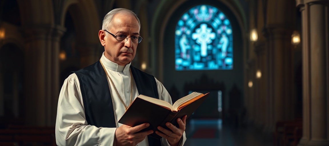 Ksiądz w tradycyjnym stroju liturgicznym stoi w ciemnym kościele z troskliwym wyrazem twarzy, trzymając zamkniętą Biblię. W tle widnieje lekko świecący interfejs sztucznej inteligencji na tablecie.
