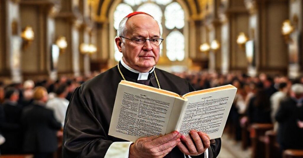 Ksiądz w szatach liturgicznych trzymając encyklikę Piusa XI pod postacią chrystusa-króla wawelu przy szkicie modernistycznego miasta