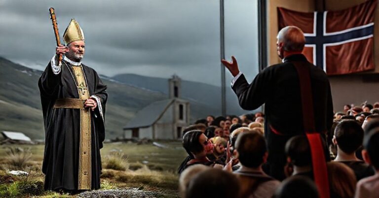 Tradycyjny ksiądz z krzyżem w norweskim krajobrazie kontrastuje z modernistycznym "biskupem" Erikiem Vardenem OCSO przemawiającym do młodzieży w nowoczesnym ośrodku kultu.