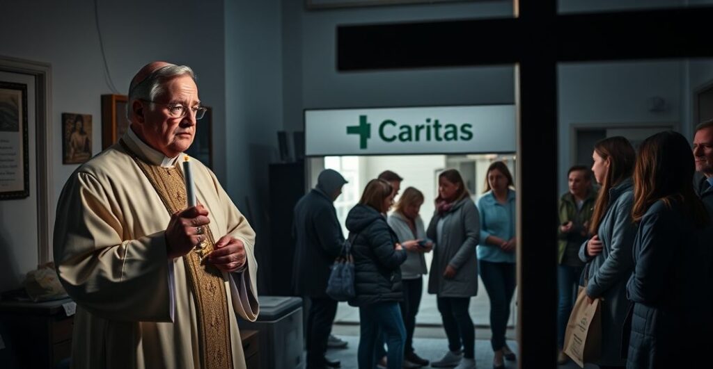 Ksiądz w tradycyjnym ornaty stojący w ciemnym pokoju z świecą, otoczony przez ludzi przy centrum pomocy Caritas Polska. Symbolizuje brak duchowego celu w współczesnej pomocy humanitarnej.