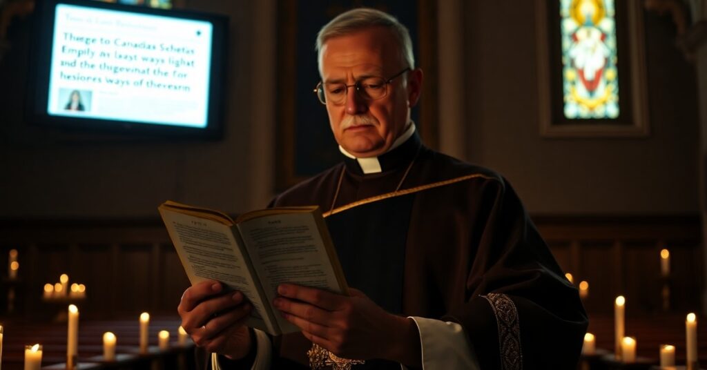 Katolicki ksiądz w tradycyjnych szatach liturgicznych czytający Pismo Święte w oświetlonym świetlikami kościele, z tłem wystawiającym dystopijne nagłówki dotyczące kanadyjskiej ustawy C-22 o cenzurze cyfrowej.