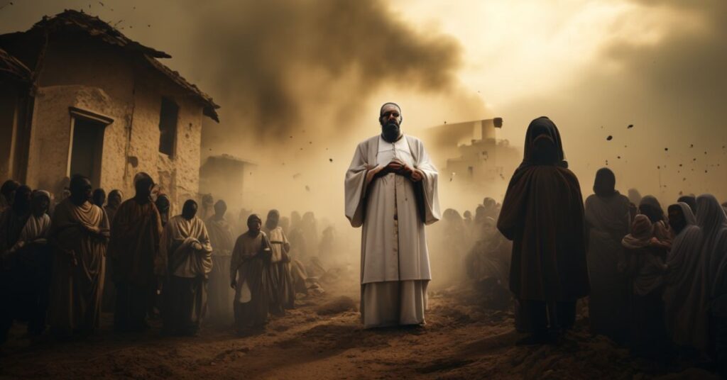 Katolicki ksiądz w tradycyjnych szatach modli się obok chrześcijan w Darfurze, symbolizując cierpienie i nadzieję