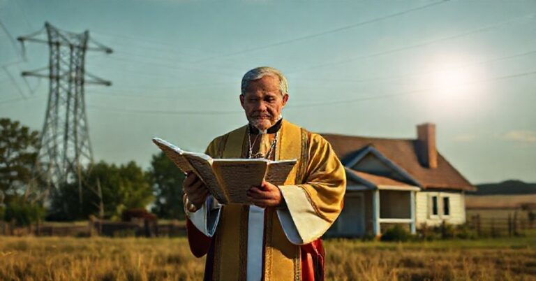 Ksiądz w tradycyjnych szatach kościelnych stoi przed domem wiejskim, trzymając kopię Rerum Novarum. Na tle widnieje słup energetyczny symbolizujący nadużycia korporacji.