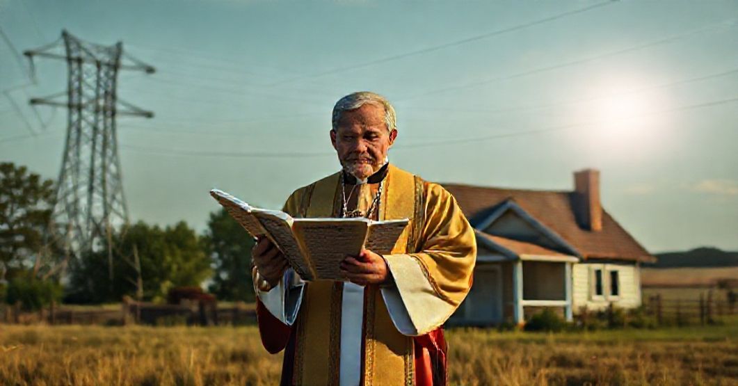 Ksiądz w tradycyjnych szatach kościelnych stoi przed domem wiejskim, trzymając kopię Rerum Novarum. Na tle widnieje słup energetyczny symbolizujący nadużycia korporacji.