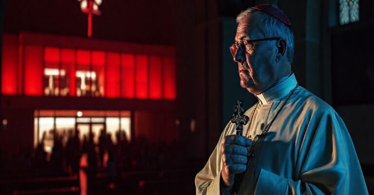 Tradycyjny katolicki ksiądz w ornaty i kazułce stoi w ciemnym kościele, trzymając krzyż, patrząc smutnie na szkołę oświetloną na czerwono w ramach kampanii "Dzieciństwo bez przemocy".