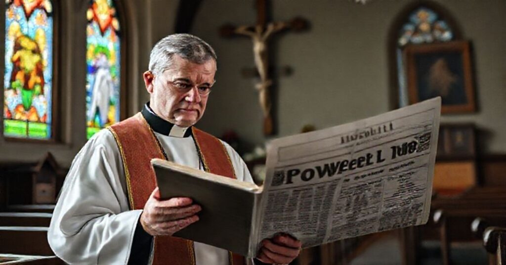 Katolicki ksiądz w tradycyjnych szatach liturgicznych patrzy z smutkiem na gazetę z nagłówkiem o wygranej w loterii Powerball.