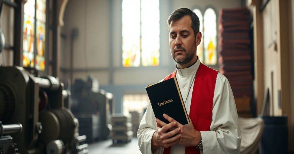 Katolicki ksiądz w tradycyjnych szatach liturgicznych stoi w kaplicy z promieniami słońca przechodzącymi przez witraże. W tle widoczne są symboliczne maszyny przemysłowe i sterty metali ziem rzadkich.