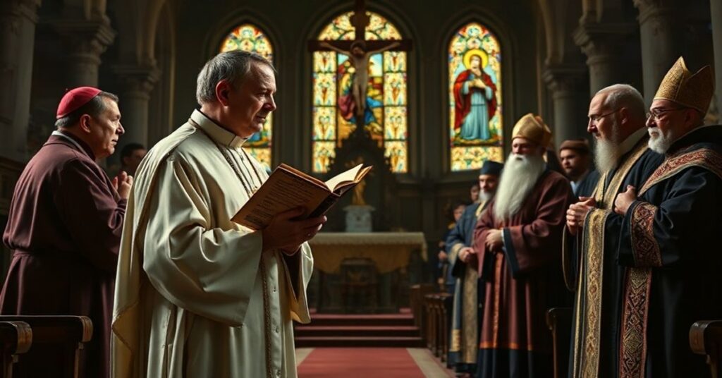 Tradycyjny katolicki ksiądz trzymający encyklikę Mortalium animos wobec modernistów ekumenicznych