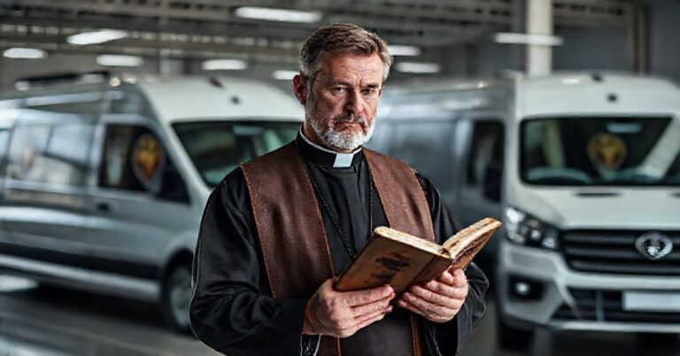Ksiądz w tradycyjnych szatach liturgicznych stojący przed showroomem z pojazdami dostawczymi, wyrażając głęboką troskę o materializm w świecie pracy.