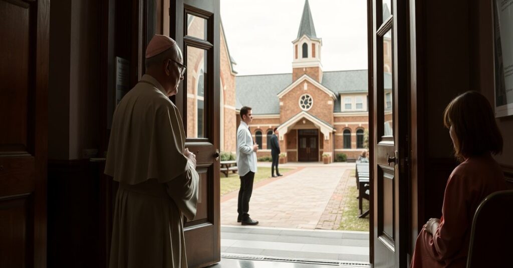 Ksiądz w tradycyjnych szatach stojący w drzwiach szkoły, obserwujący psychologa wchodzącego do klasy; symbolizuje zastępowanie opieki duchowej przez świecką psychologię.