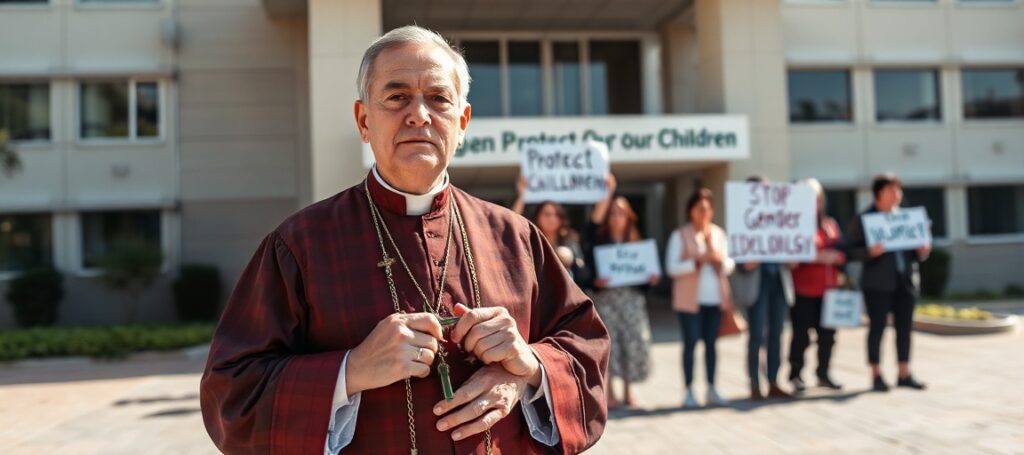 Ksiądz w tradycyjnym stroju liturgicznym stoi przed szpitalem z krzyżem, trzymając różaniec. W tle rodzice trzymają transparenty protestu przeciwko procedurom płciowym na dzieciach.