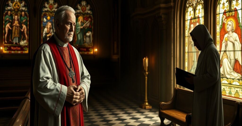 Katolicki ksiądz w tradycyjnych szatach kościelnych trzymający różaniec, obok niego siedzi starszy mężczyzna z troskliwym wyrazem twarzy, podczas gdy cień lekarza w białym fartuchu stoi przy stole z dokumentami.