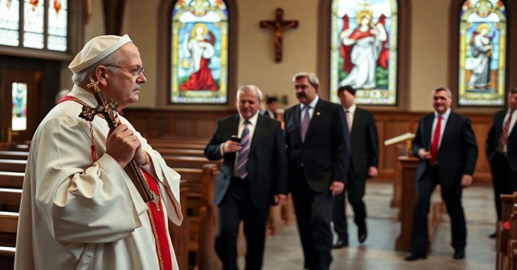 Ksiądz w tradycyjnym kościele patrząc z niepokojem na technokratów, którzy są wychodzeni przez ochroniarzy