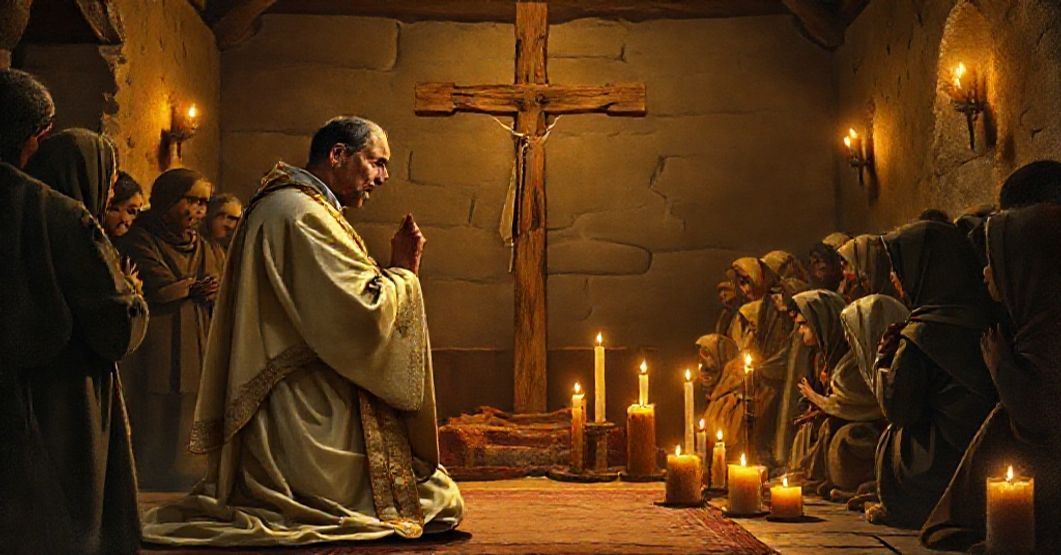 Tradycyjny ksiądz modlący się przed krzyżem z grupą ubogich w rustykalnym wnętrzu kościoła