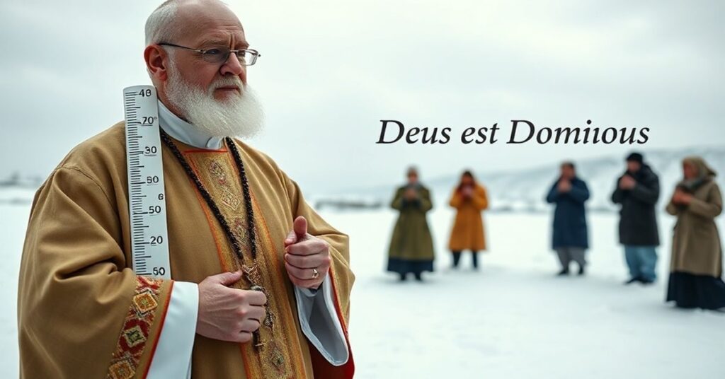 Tradycyjna katolicka scena przedstawiająca śnieżny krajobraz z termometrem pokazującym minus 20°C. Poważny ksiądz w liturgicznych szatach stoi na pierwszym planie, trzymający różaniec, z poważnym wyrazem twarzy. Za nim grupa ludzi modli się w śniegu, ich oddech widoczny w zimnym powietrzu. Niebo jest zachmurzone, a scena jest oświetlona delikatnym, naturalnym światłem.