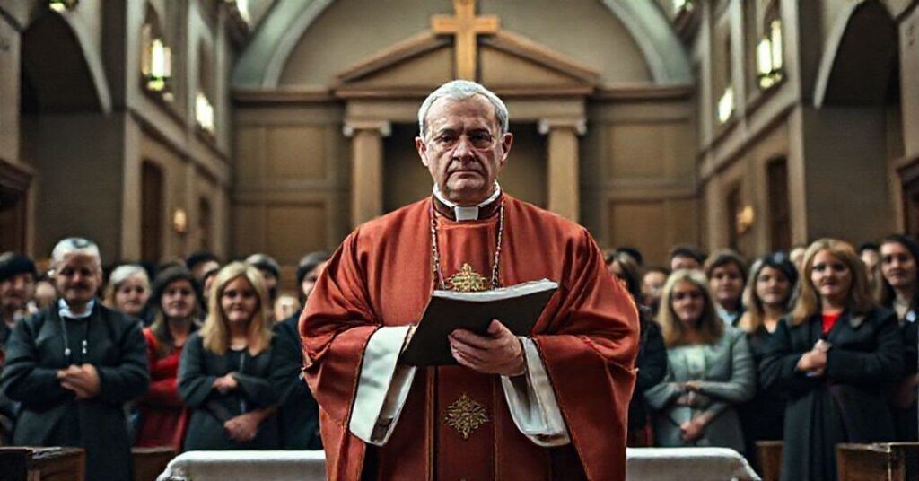 Katolicki ksiądz w tradycyjnych szatach liturgicznych stoi przed ołtarzem, trzyma modlitewnik, a tło przedstawia współczesną salę sądową w Kanadzie.