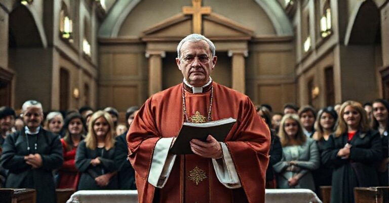 Katolicki ksiądz w tradycyjnych szatach liturgicznych stoi przed ołtarzem, trzyma modlitewnik, a tło przedstawia współczesną salę sądową w Kanadzie.