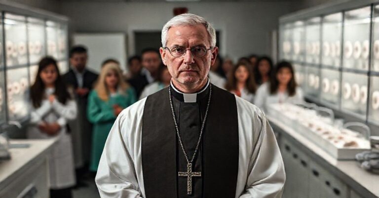 Ksiądz w tradycyjnych szatach modlących się przed laboratorium z zamrożonymi zarodkami