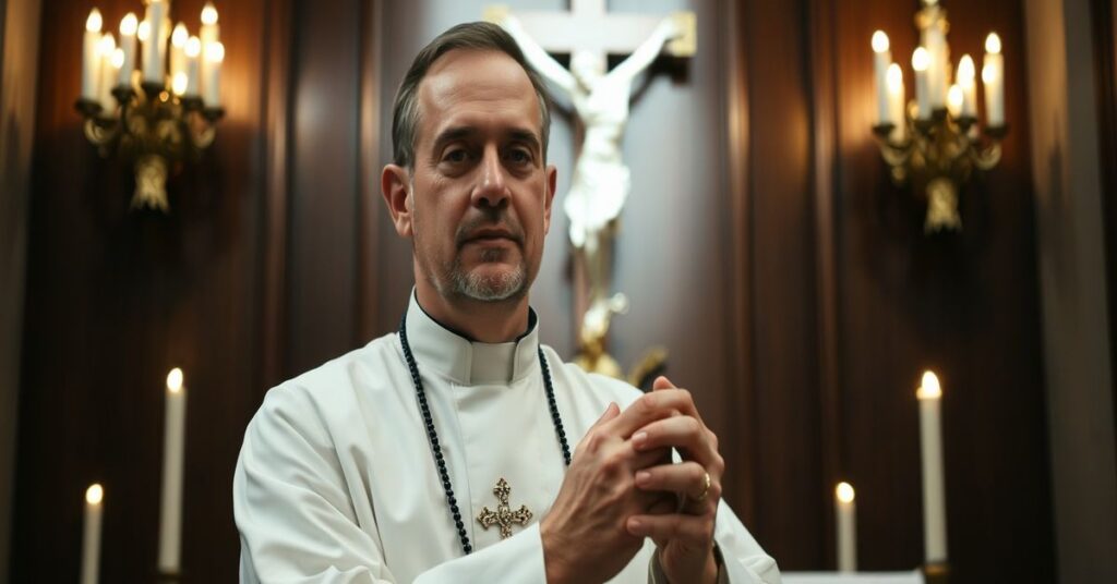 Ksiądz Isaac w tradycyjnej spowiedzi kościelnej, z krzyżem i świecami w tle.