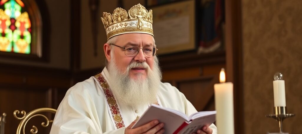 Ksiądz Janusz Chyła w modlitwie przed ołtarzem w gotyckim kościele