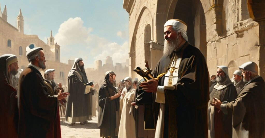 Ksiądz w tradycyjnych szatach liturgicznych przemawia do grupy rzekomych biskupów w Jerozolimie