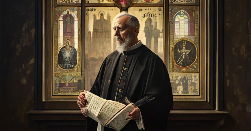 Ksiądz w tradycyjnych szatach stoi przed wyświetlaczem Kalendarza Trzech Religii, trzymając encyklikę Leona XIII. Tło przedstawia współczesne budynki ONZ i UE.