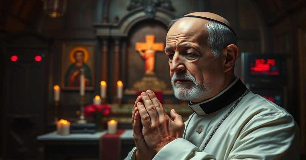 Ksiądz modlący się w tradycyjnej kaplicy, z martwym lękiem na twarzy, przed tłem zakłóconych urządzeń cyfrowych.