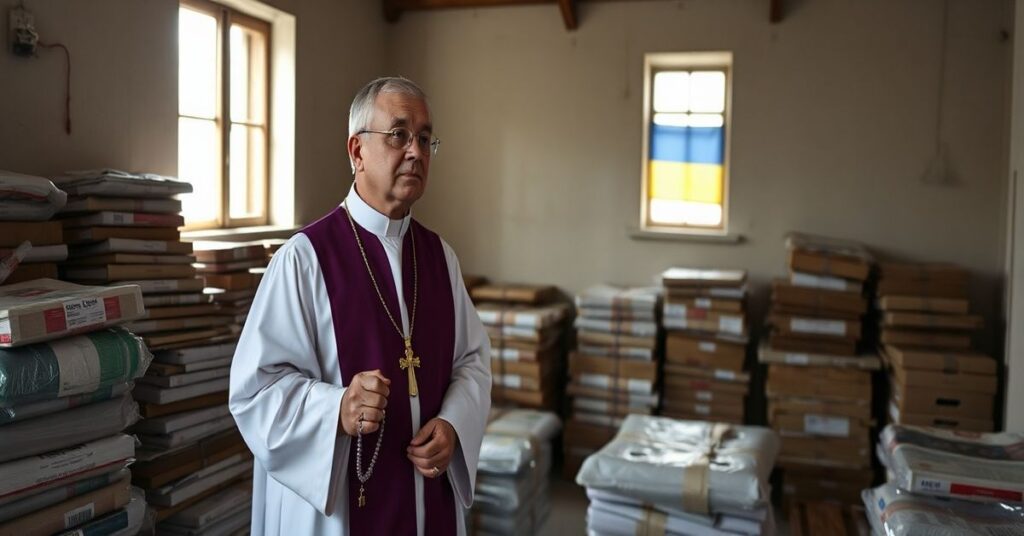 Ksiądz w tradycyjnych szatach liturgicznych stoi w kaplicy z modlitewnikiem, otoczony zapasami humanitarnymi, z troską na twarzy.