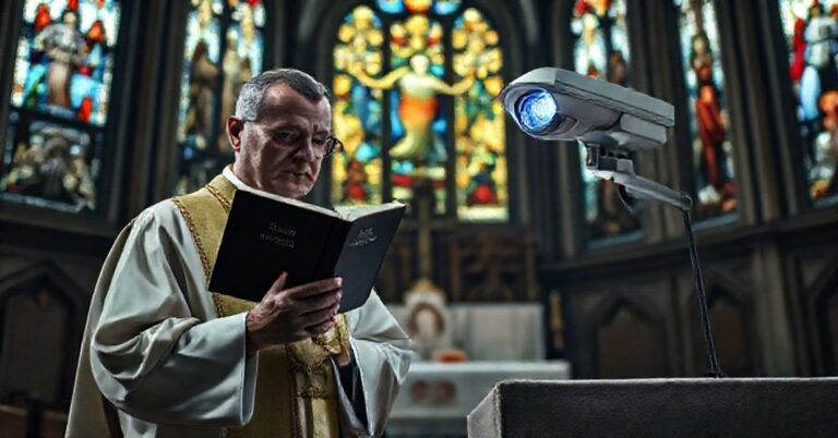 Ksiądz w tradycyjnych szatach kościelnych stojący w katedralnym wnętrzu z książką o wolności Kościoła i kamerą nad ołtarzem.