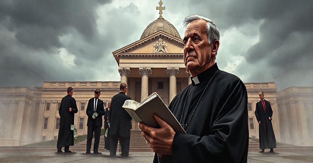 Książ katolicki stojący przed budynkiem rzádowym z przerażeniem na twarzy, symbolizujący korupcję i upadek moralny w III RP.