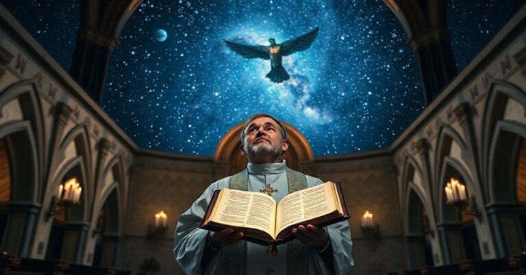 Tradycyjny ksiądz katolicki w pełnym stroju liturgicznym stoi przed ołtarzem w starej kościele, patrząc na niebo pełne gwiazd i galaktyk. Wyraz twarzy księdza wyraża głęboką kontemplację i smutek.