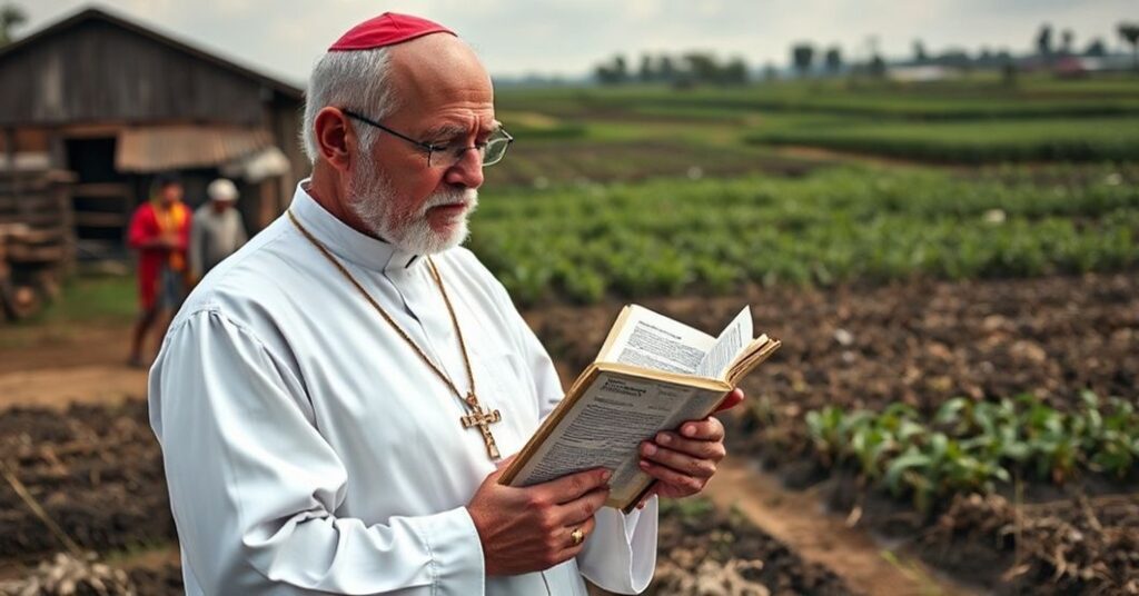 Ksiądz katolicki stoi w ubogiej wsi, trzymając Biblię i patrzący na umowę handlową Mercosur-UE z troską na twarzy, symbolizując konflikt między wiarą a niesprawiedliwymi systemami gospodarczymi.