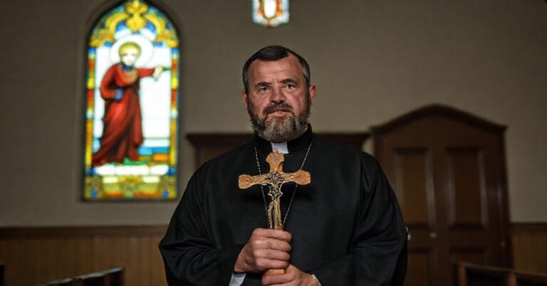 Tradycyjny katolicki ksiądz trzymający krucyfiks w kościele z witrażem św. Jana Chrzciciela