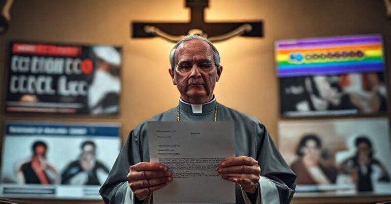 Ksiądz katolicki w smutku trzyma list odmowy od Microsoftu przed krzyżem w kościele