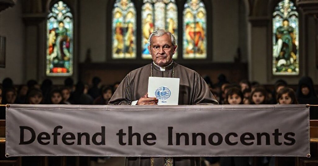 Ksiądz katolicki trzyma dokument WHO w kościele, z dziećmi w tle i ciemnymi postaciami.