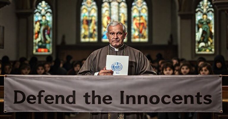 Ksiądz katolicki trzyma dokument WHO w kościele, z dziećmi w tle i ciemnymi postaciami.