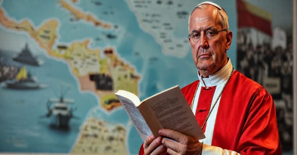 Ksiądz katolicki w tradycyjnych szatach liturgicznych stoi przed mapą Wenezueli i Karaibów, trzymając otwartą encyklikę 'Maximum Illud', symbolizując potępienie neokolonializmu i imperializmu