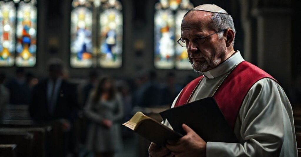 Ksiądz katolicki w tradycyjnych szatach kościelnych, z biblją w ręku, patrzy z smutkiem na zdjęcie dziecka prowadzonego przez urzędników. Scena symbolizuje zbrodnię przeciwko naturze i ładowi Bożemu w Niemczech.