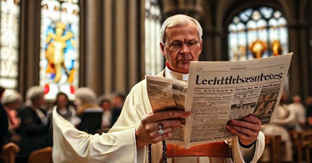 Ksiądz katolicki w tradycyjnych szatach liturgicznych z modlitewnikiem w ręku czytający wiadomości o projekcie ustawy legalizującej eutanazję we Francji.